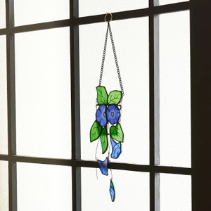 Blue Morning Glory Flower suncatcher Hanging window stained glass art-Home Decor-Nature vibe glass art-Inspired garden plant gift for mom image 4