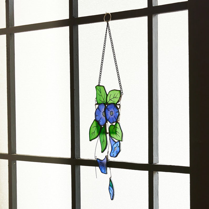 Blue Morning Glory Flower suncatcher Hanging window stained glass art-Home Decor-Nature vibe glass art-Inspired garden plant gift for mom image 4