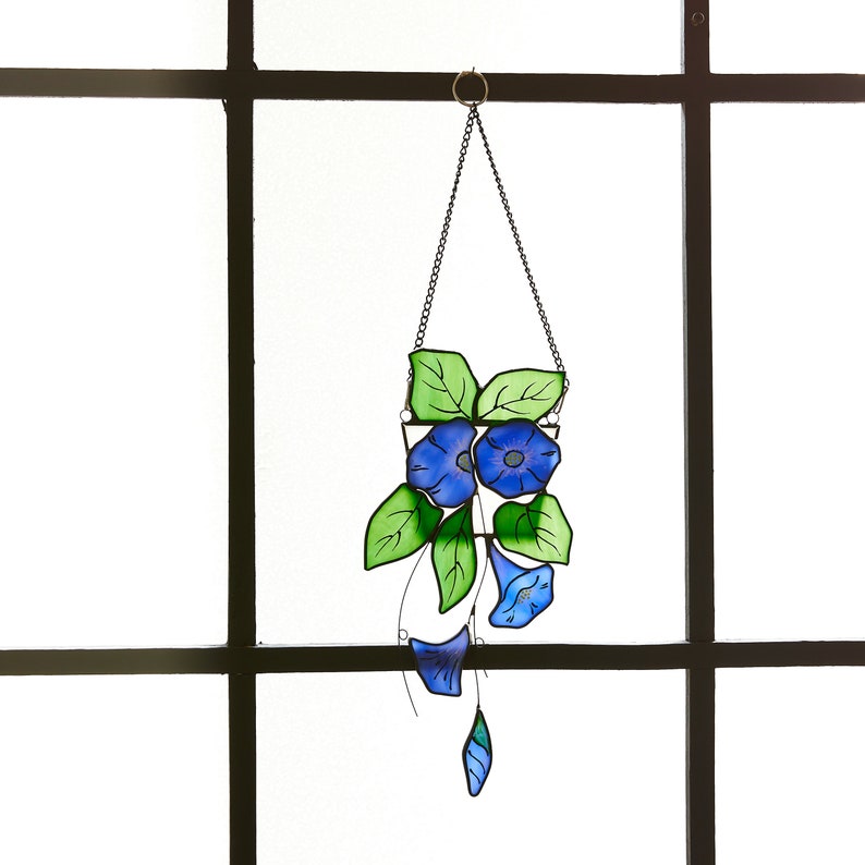 Blue Morning Glory Flower suncatcher Hanging window stained glass art-Home Decor-Nature vibe glass art-Inspired garden plant gift for mom SMALL SIZE