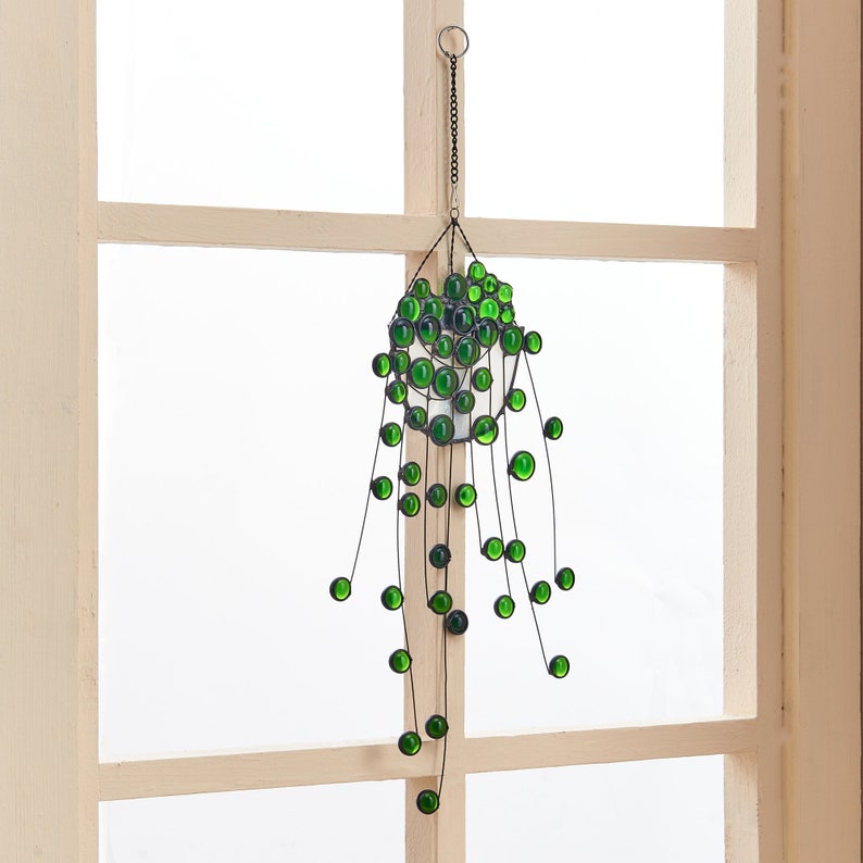 String of Pearls Hanging Plant Stained glass Hanging suncatcher-Home Decor-Nature vibe glass art-Inspired garden plant-Boho home decor image 2