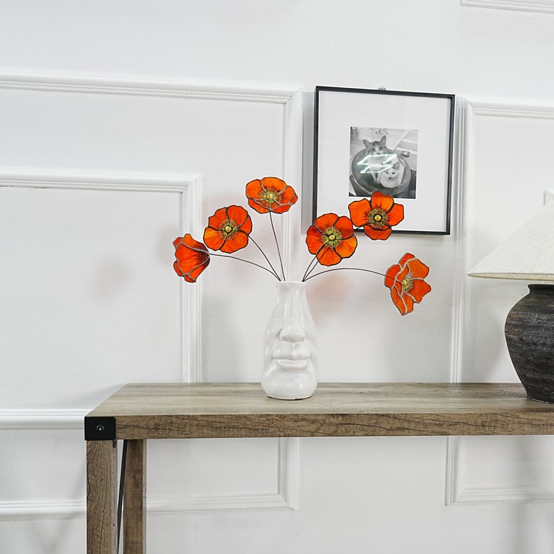 California Poppy set of 6 stained glass flowers-gift for her-Home decor-motherday gift-Poppy flower decor-Faux Flower-Orange flower