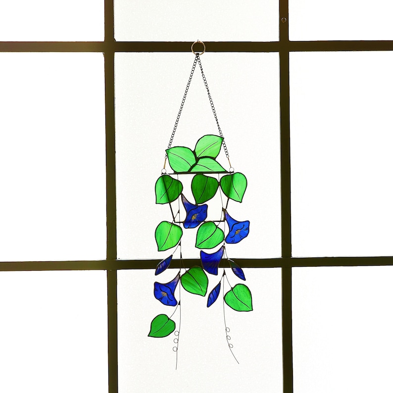 Blue Morning Glory Flower suncatcher Hanging window stained glass art-Home Decor-Nature vibe glass art-Inspired garden plant gift for mom BIG SIZE