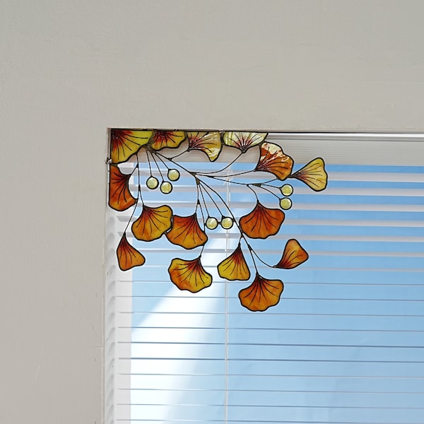 Yellow Gingko stained glass window corner-window corners-Gingko leaves decor-Garden deocr-Nature-inspired-Unique home design-suncatcher