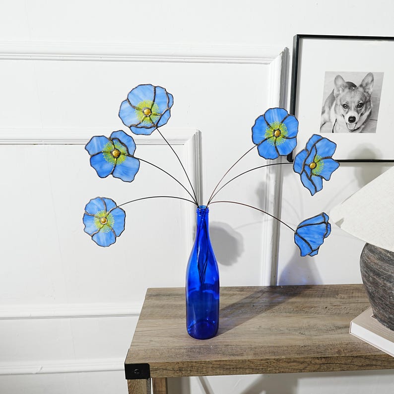 California Poppy set of 6 stained glass flowers-gift for her-Home decor-Christmas gift-Poppy flower decor-Faux Flower-Orange flower