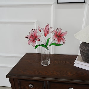 Pink lily 1 Set of 3 flower stained glass home decor,Spring decor,Lily art,Gift for her,Flower in vase,Lily decor,New home gift