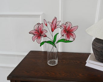 Pink lily 1 Set of 3 flower stained glass home decor,Mother day gift,Lily art,Gift for her,Flower in vase,Lily decor,Fake lily,Glass flower