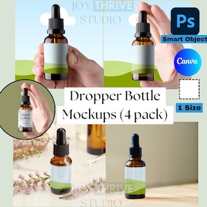 May include: Four amber glass dropper bottles with white labels, two in hands and two on a wooden surface. The bottles are labeled "Hand Lotion". The image is a mockup for product packaging.