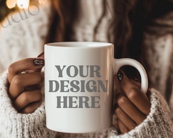 15oz Coffee Mug Mockup, Cozy Christmas Mockup Mug, White Mug Mock up, Holiday Woman Holding Mug, 15 oz White Mug Mockups, Winter Mug Mockup