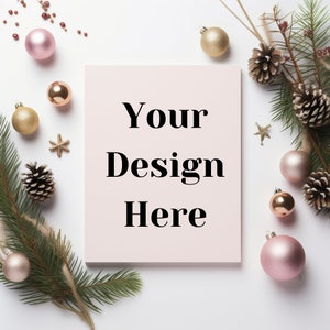 Convite de cartão Flatlay de maquete de fundo de Natal rosa, festivo Foto de Stock Mock up estilizado Holiday Flat Lay, sobreposição de cenário sazonal JPG