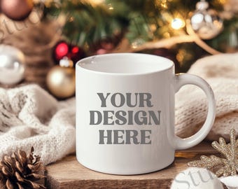 Maqueta de taza de café de 11 oz, maqueta de taza navideña acogedora, maqueta de taza blanca, maquetas de taza blanca de 11 oz para vacaciones, maqueta de taza blanca de 11 oz