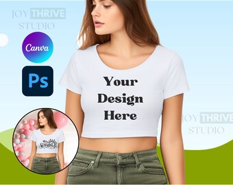 White Crop Top Mockup | Bella Canvas 8882 | Champion Cropped Tee Mock Up | Next Level 5080 White Tshirt Mock-up | Trendy Fitted Baby Tee