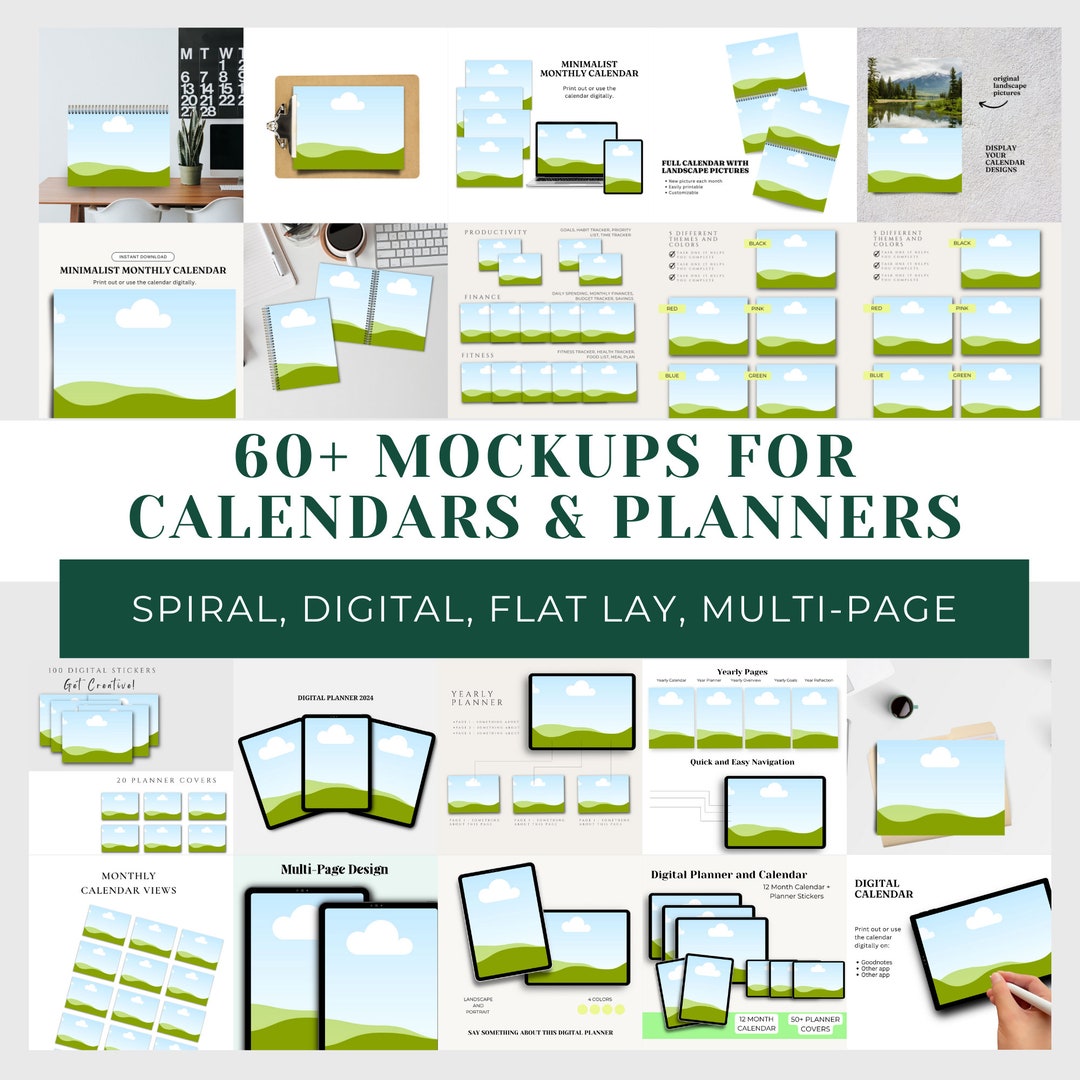 Planner Notebook Mockup Desk Calendar 2024 Bundle | Canva Frames ...
