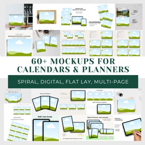 May include: A collection of 60+ mockups for calendars and planners. The mockups feature a variety of styles, including spiral, digital, flat lay, and multi-page. The mockups are all set against a green and blue background with a white cloud.