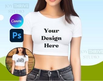White Bella Canvas 8882 Cropped Top Mockup | Trendy Fitted Baby Tee | Champion T453W Crop Top Mock Up | Next Level 5080 White Tshirt Mock-up
