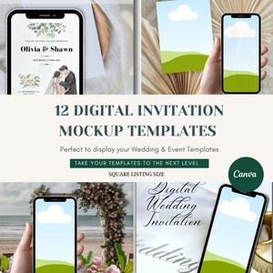 May include: Twelve digital invitation mockup templates for weddings and events. The mockups feature a smartphone displaying a wedding invitation with a green and blue landscape background. The text on the invitation reads "Olivia & Shawn" and "Saturday, 27 May 2021".