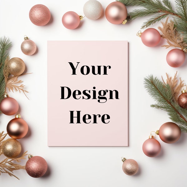 Pink Christmas Background Mockup Flatlay Card Invitation, Festive Stock Photo Mock up Styled Holiday Flat Lay, Seasonal Backdrop Overlay JPG