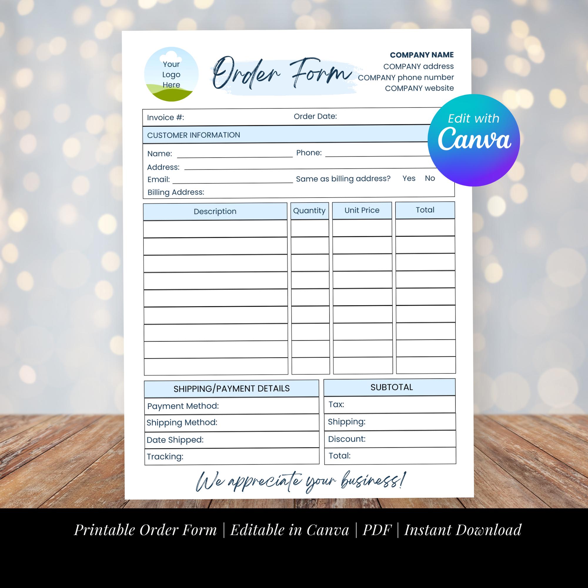 Fillable Order Form Template | Editable Small Business Custom Order ...