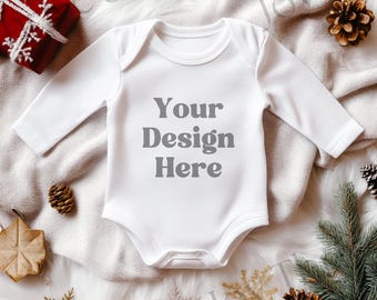 Christmas Baby White Infant Bodysuit Mockup, Long Sleeve Onesie® Mockup, White Rabbit Skins 4411 Bodysuit Mock Up, Babybugz Bodysuit Mockup