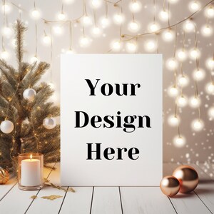 Cartão de Natal branco Mockup Rose Gold Background Convite Festivo Foto de Stock Mock up Aesthetic Holiday Paper Digital Backdrop Overlay JPG