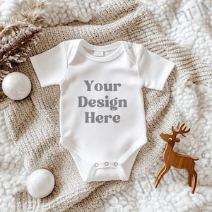 Boho White Infant Bodysuit Mockup, Christmas Baby Rabbit Skins 4424 Bodysuit Mock Up, Manica Corta Gerber Onesie® Mockup, Body Suit Mockup