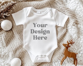 Boho White Infant Bodysuit Mockup, Christmas Baby Rabbit Skins 4424 Bodysuit Mock Up, Short Sleeve Gerber Onesie® Mockup, Body Suit Mockups