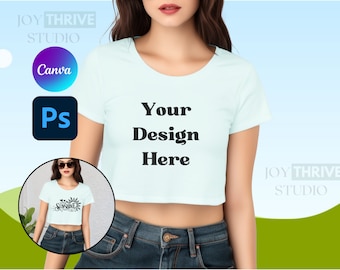 White Champion Cropped Tshirt Mock Up | Trendy Fitted Baby Tee | T453W  | Next Level 5080 | Bella Canvas 6681 | White 8882 Crop Top Mockup