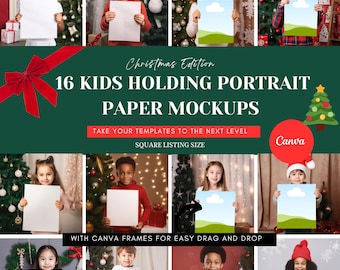 Christmas Printables Mockup, Kids Holding Paper, Portrait Mockup Bundle, Kid Xmas Mock up, Holiday Background Winter Print Mockups Template