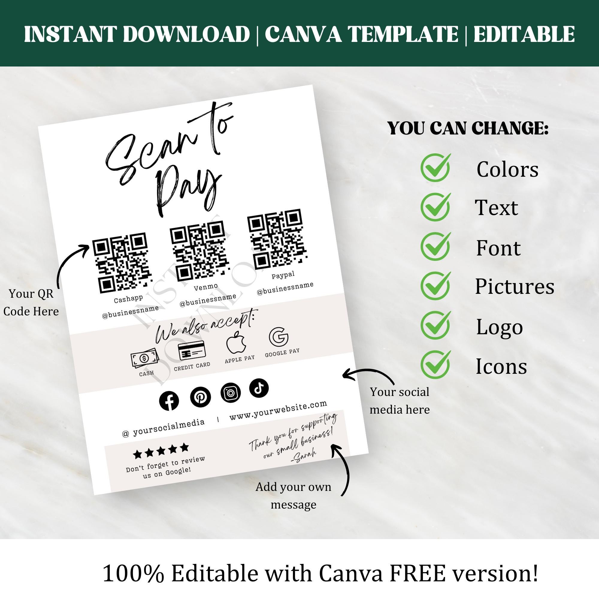 Scan to Pay Template | Editable QR Code Sign | Printable Payment Sign ...