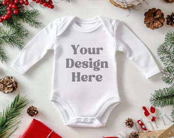 Long Sleeve Onesie® Mockup, Christmas Baby White Infant Bodysuit Mockup, White Rabbit Skins 4411 Bodysuit Mock Up, Babybugz Bodysuit Mockup