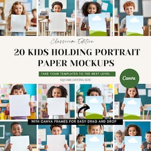 Paquete de maquetas de papel con retratos, maqueta de letrero de regreso a la escuela, maqueta de niños sosteniendo un letrero de papel, maqueta, kit de maquetas para imprimir, maquetas para niños en formato JPG