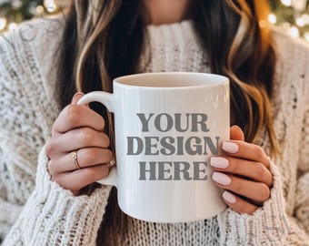 15oz Mug Mockup, Cozy Christmas Mug Mock up, White Coffee Mug Mockup, Holiday Woman Holding Mug, 15 oz White Mug Mockups