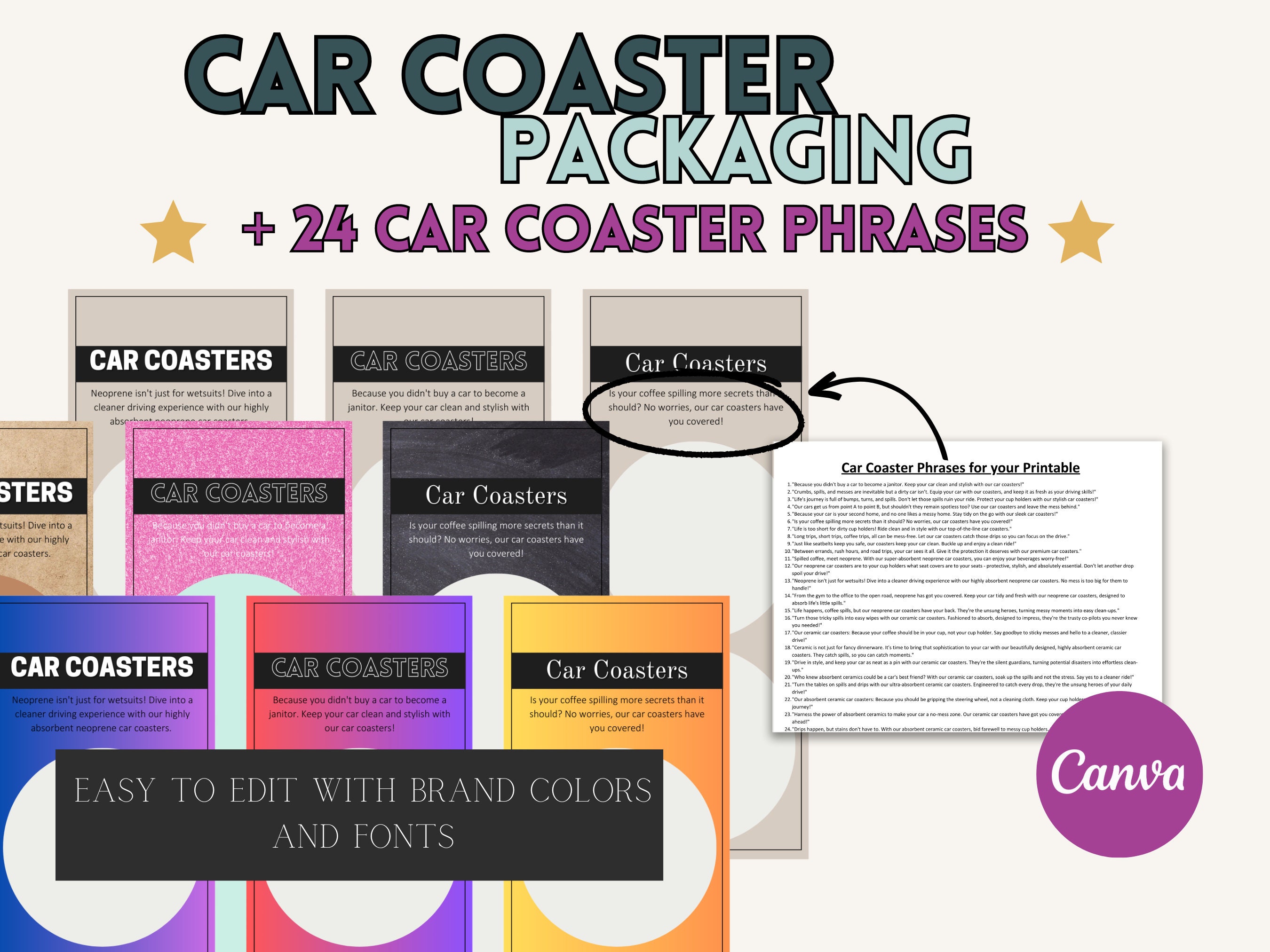 Car Coaster Packaging, Canva Coaster Printable Packaging, Car Coaster  Display Card Template, 2.5 Inch Car Coaster, Coaster Phrases Bonus 