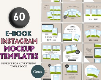 May include: Sixty Instagram mockup templates for promoting an ebook. The templates feature a variety of designs with a green landscape and clouds, and include text such as "EBOOK TITLE", "$10", and "Get it on Amazon".