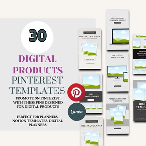 May include: A collection of 30 digital product Pinterest templates for promoting planners, notion templates, and digital planners. The templates feature a variety of designs with a nature theme, including images of clouds, hills, and trees. The text "Canva" is visible in the image.