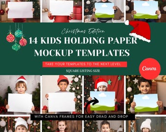 Christmas Printables Mock up, Kid Holding Paper, Landscape Mockup Bundle, Kids Xmas Mockup, Holiday Background Winter Print Mockups Template