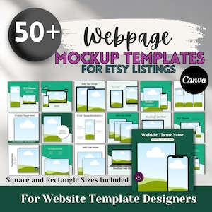 May include: A collection of 50+ webpage mockup templates for Etsy listings. The templates feature a green and blue color scheme with a cloud and landscape design. The text "Canva" is visible in the upper right corner of the image. The text "Square and Rectangle Sizes Included" is visible in the lower left corner of the image. The text "For Website Template Designers" is visible in the lower center of the image.