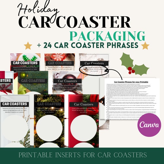 Car Coaster Packaging Templates, Canva Coaster Printable Packaging, Holiday  Car Coaster Display Card Template 2.5 Inch Coaster Phrases Bonus 