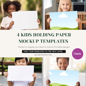 Maqueta de niños sosteniendo un cartel de papel, maqueta de cartel de regreso a la escuela, paquete de maquetas de papel horizontal, maqueta, kit de maquetas de impresión, maquetas para niños Canva