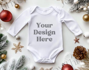 Christmas Baby Rabbit Skins 4411 Bodysuit Mock Up, Boho White Infant Bodysuit Mockup, Long Sleeve Onesie® Mockup, Babybugz Bodysuit Mockup