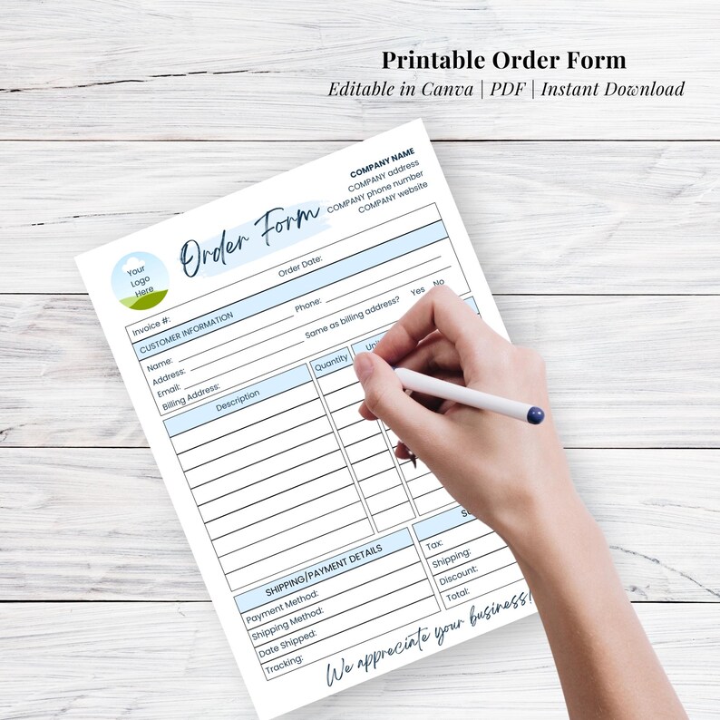 Fillable Order Form Template | Editable Small Business Custom Order ...