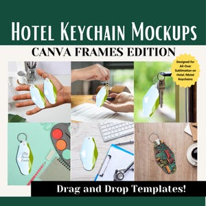 May include: Mockup templates for hotel keychains. The templates are designed for all-over sublimation printing. The image shows several different keychains with various designs, including a green and blue design with clouds, a design with the text "My Favorite Locks", and a colorful abstract design.
