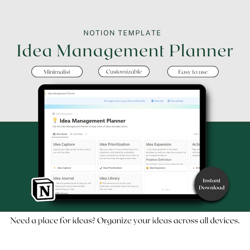Simple Notion Customizable Simple Notion Template for Idea Management, Notion Life Planner ...