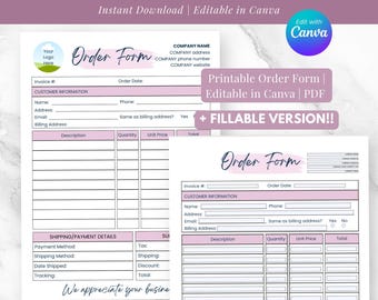 Könnte beinhalten: Ein druckbares Geschäftsbestellformular mit einem hellvioletten und weißen Design. Das Formular enthält Felder für Kundeninformationen, Bestelldetails und Zahlungsinformationen. Der Text enthält "Order Form" und "Fillable Version".