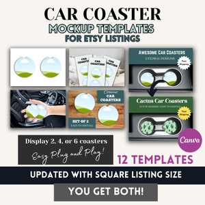 Car Coaster Mockup, Canva Coaster Mockup, Double Console Cup Holder Mockup, Editable Canva Mockup for Car Coasters, 12 pack Coaster Mockups