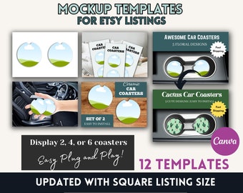 Car Coaster Mockup, Canva Coaster Mockup, Double Console Cup Holder Mockup, Editable Canva Mockup for Car Coasters, 12 pack Coaster Mockups