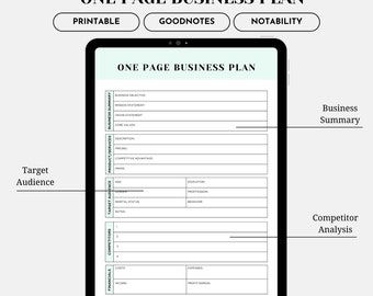 One Page Business Plan, Simple Business Plan, Start-Up Business Planner, Small Business