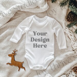 Boho White Infant Bodysuit Mockup, Christmas Baby Rabbit Skins 4411 Bodysuit Mock Up, Long Sleeve Onesie® Mockup, Babybugz Bodysuit Mockup