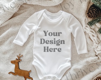 Boho White Infant Bodysuit Mockup, Christmas Baby Rabbit Skins 4411 Bodysuit Mock Up, Long Sleeve Onesie® Mockup, Babybugz Bodysuit Mockup