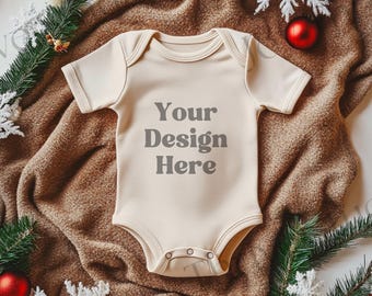 Natural Infant Bodysuit Mockup, Christmas Baby Rabbit Skins 4424 Beige Bodysuit Mock Up, Short Sleeve Gerber Onesie® Mockup, Boho Mockups