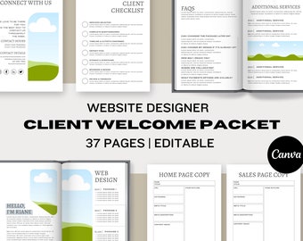 Puede incluir: Un paquete de bienvenida para clientes de un diseñador web. El paquete incluye una lista de verificación, preguntas frecuentes, servicios adicionales, una plantilla de copia de página de inicio y una plantilla de copia de página de ventas. El paquete tiene 37 páginas y es editable. El paquete está diseñado en un estilo moderno con un esquema de color verde y blanco.